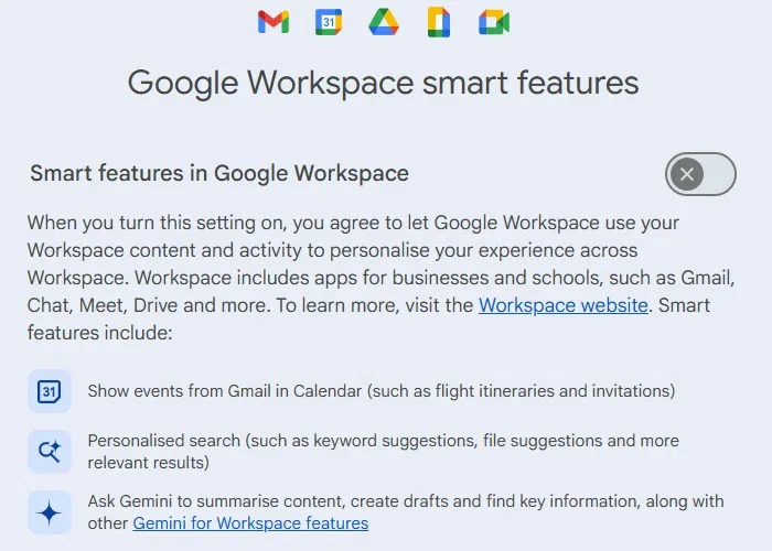 Tắt Smart features in Google Workspace
