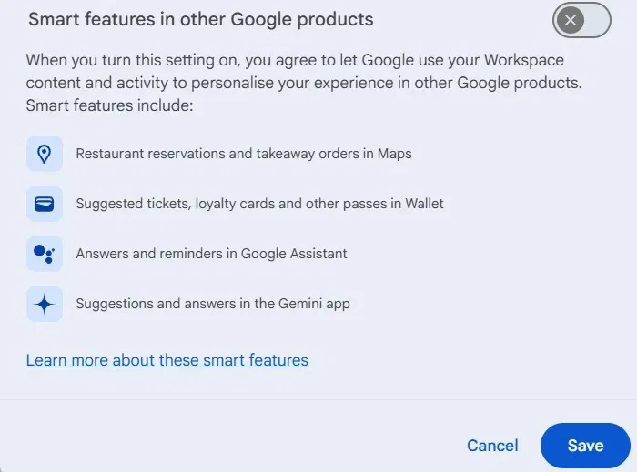 Tắt Smart features in other Google products trong cài đặt Google Workspace