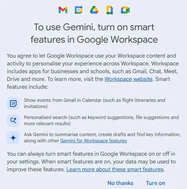 Google Workspace phải được kích hoạt để bật tính năng Gemini trong Gmail.
