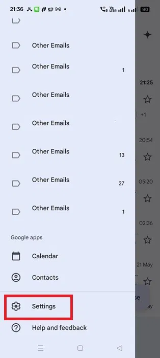 Nhấp vào biểu tượng Settings cho Gmail trên thiết bị Android 15.
