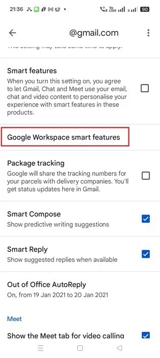 Nhấp vào Google Workspace smart features và tắt Smart features trong Gmail Android