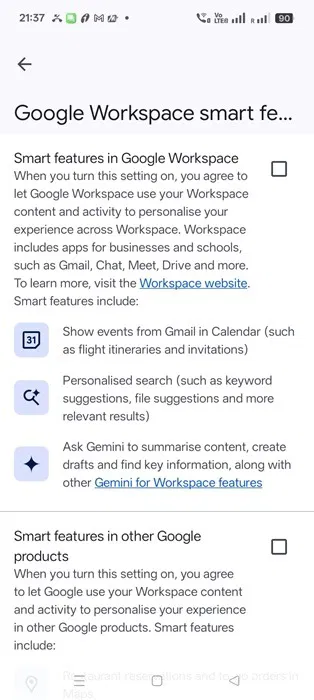 Các tính năng thông minh của Google Workspace và những sản phẩm khác của Google đã tắt.