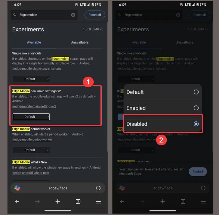 Tắt Edge Mobile’s new main settings v2