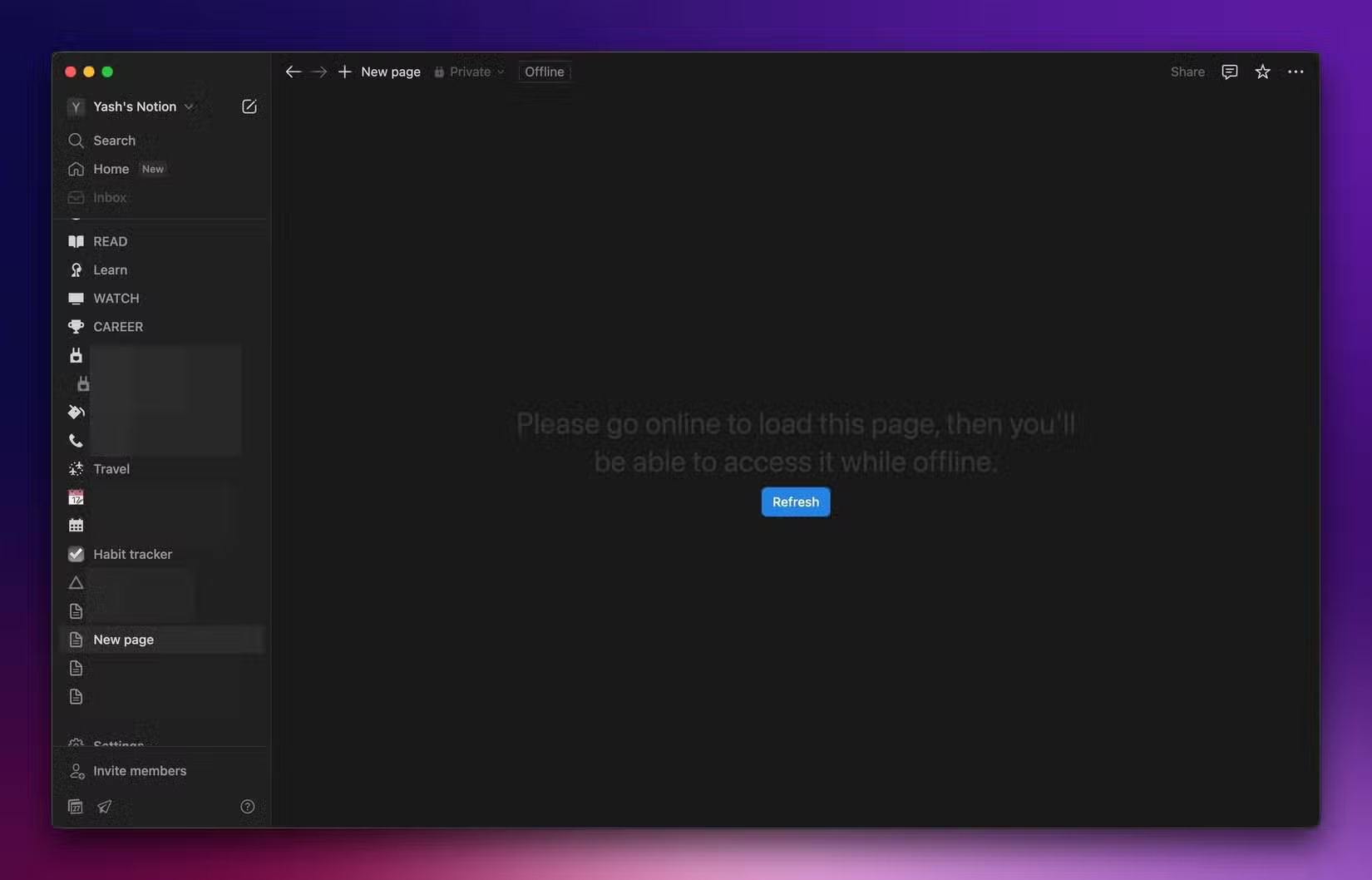 Ứng dụng Notion trên máy Mac không có kết nối Internet.