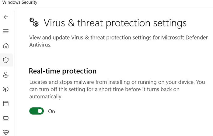 Real-time Protection được bật trong Virus & Threat Protection Settings của Windows Security.