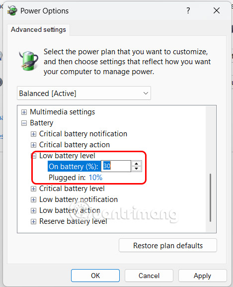 Bật cảnh báo pin yếu Windows qua Power Options