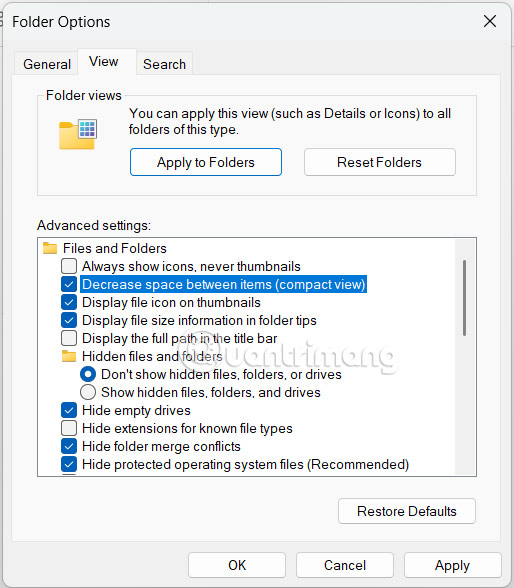 Thu hẹp khoảng cách các mục File Explorer Windows 11