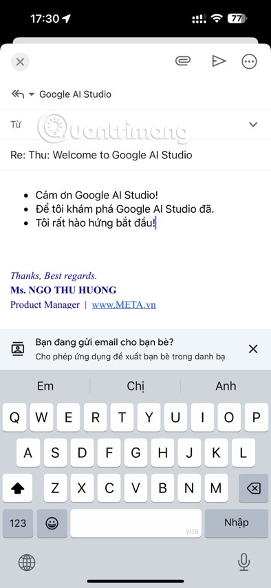 Chèn nội dung trả lời từ Gemini trong Gmail