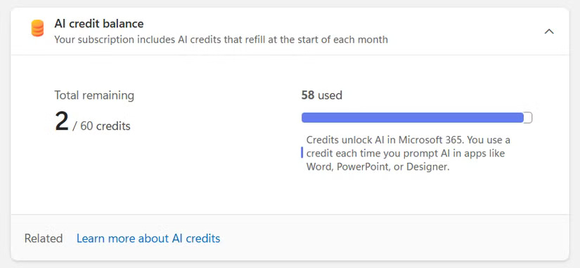 AI credit balance trong cài đặt tài khoản Microsoft.