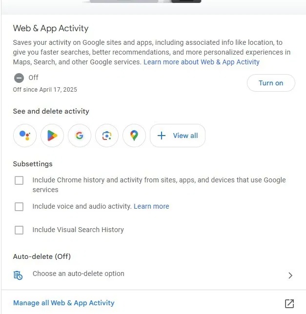 Bật hoạt động trên web và ứng dụng trong Google Search.