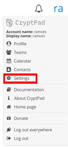 Menu người dùng Cryptpad.