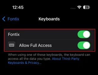 Bật tùy chọn trong cài đặt Fontix trên iPhone.