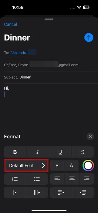 Nhấn vào tùy chọn Default Font trong ứng dụng Mail trên iPhone.