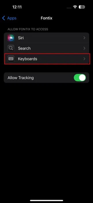 Nhấn vào Keyboards trong cài đặt Fontix trên iPhone.