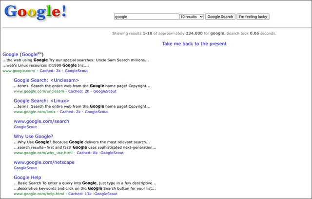 Giao diện Google Search năm 1998