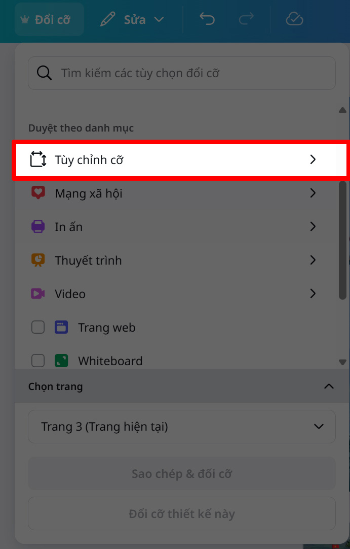 Nhập kích cỡ cho trang Canva