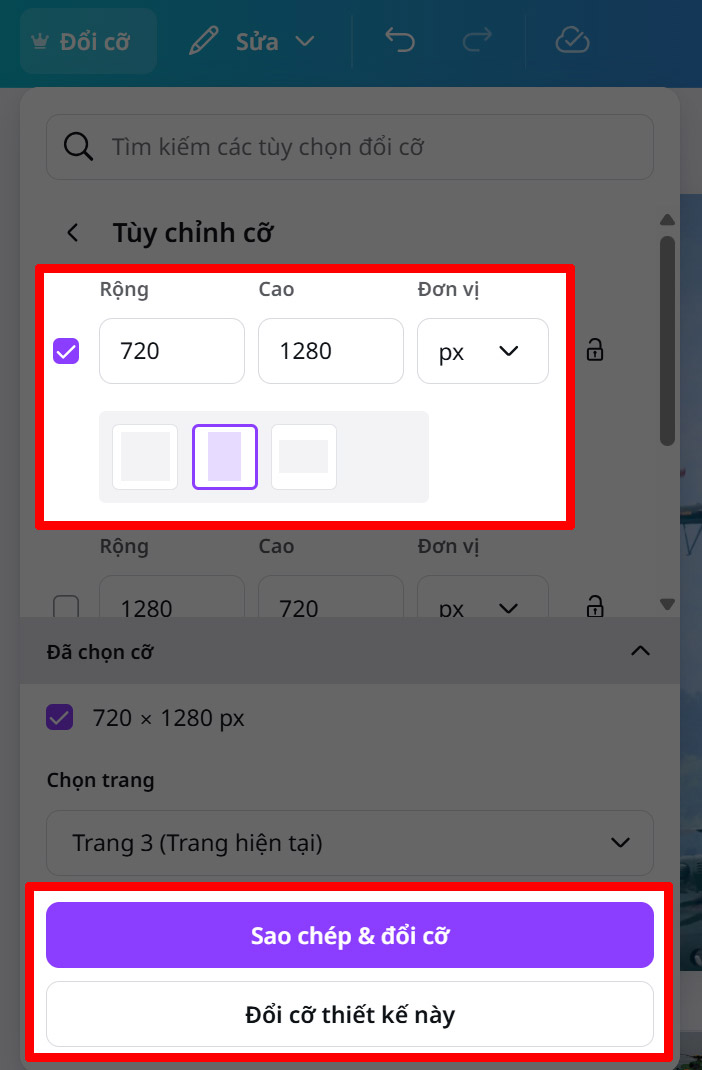 Đổi kích thước cho trang Canva