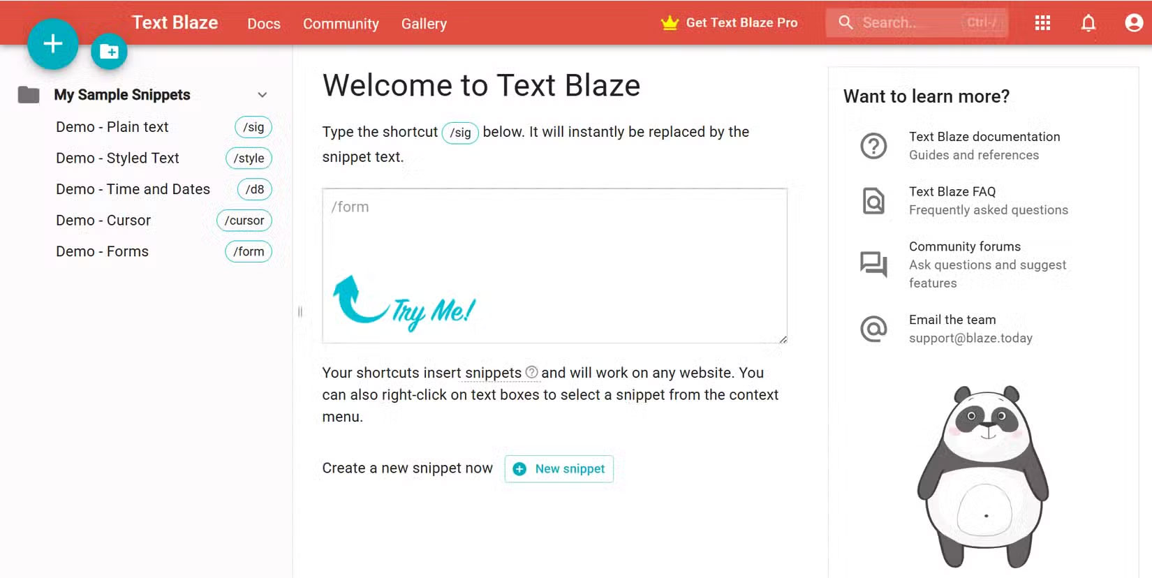 Bảng điều khiển Text Blaze