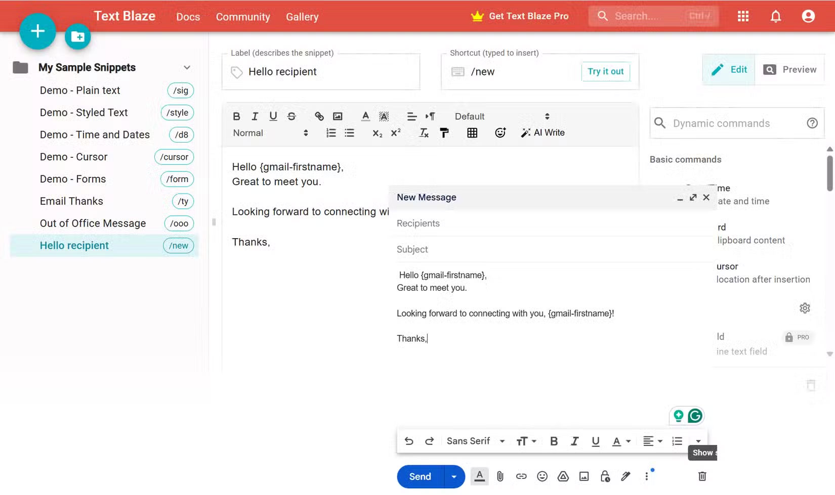 Snippet động Text Blaze