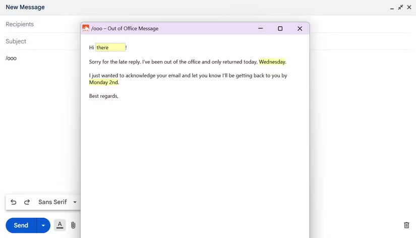 Trả lời tin nhắn Vắng mặt của Text Blaze trong Gmail