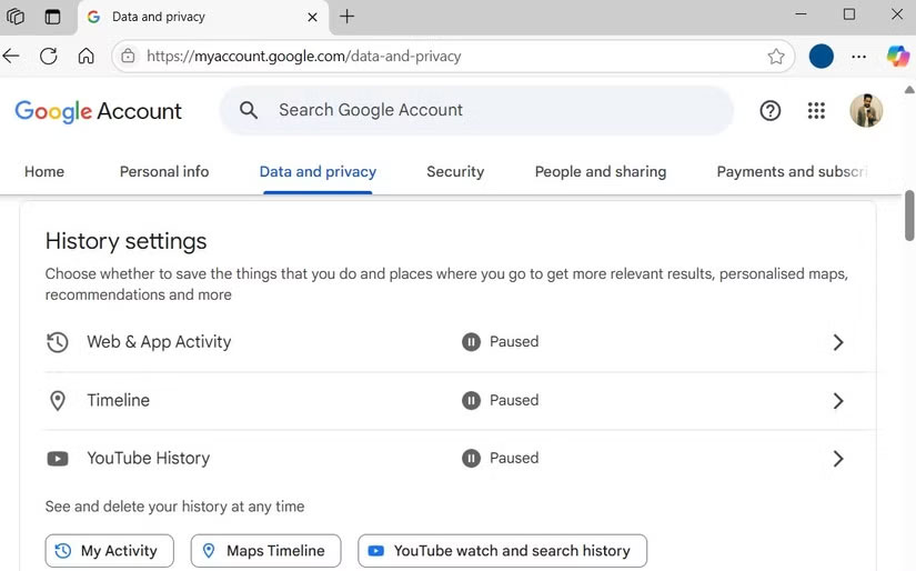 Cài đặt lịch sử tài khoản Google trong trình duyệt
