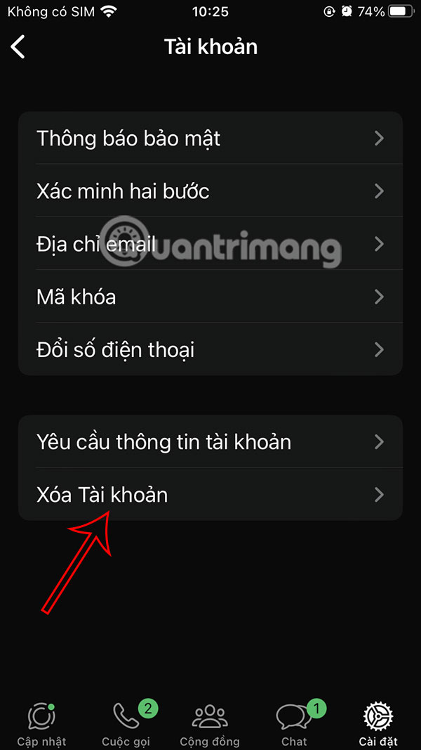 Chọn xóa tài khoản WhatsApp