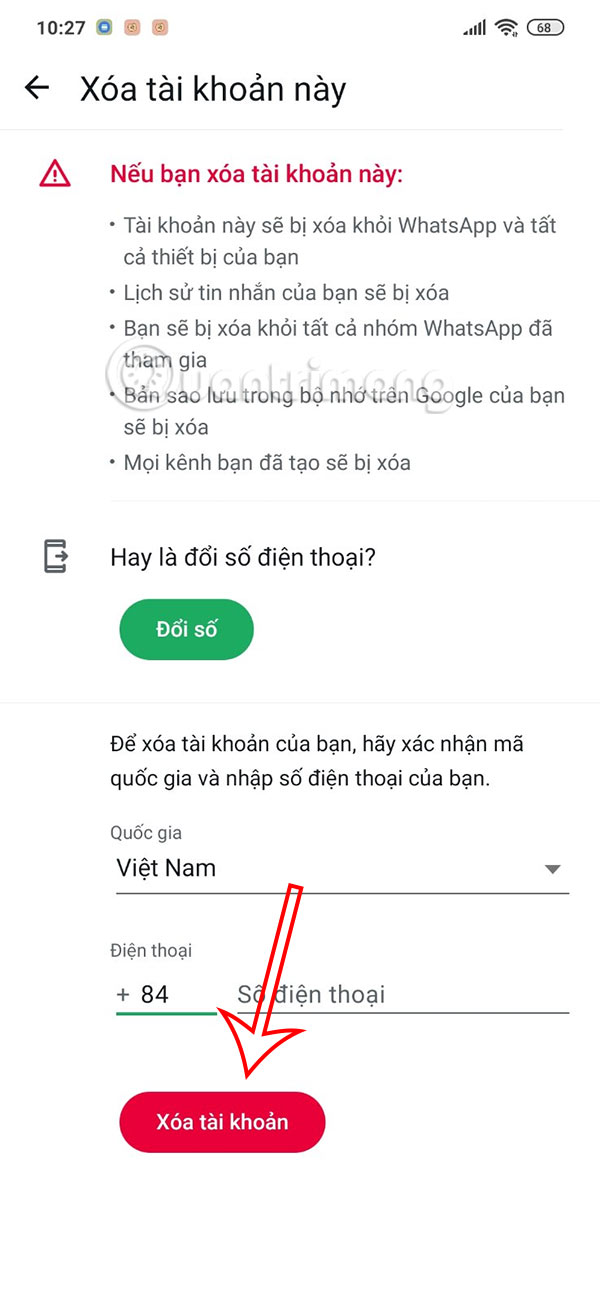 Xóa tài khoản WhatsApp Android