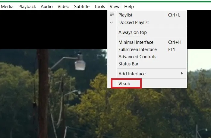 Tùy chọn Vlsub trong menu View trên VLC Player.