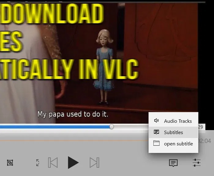 Nhấp vào menu Subtitles trong ứng dụng VLC UWP trên Windows.