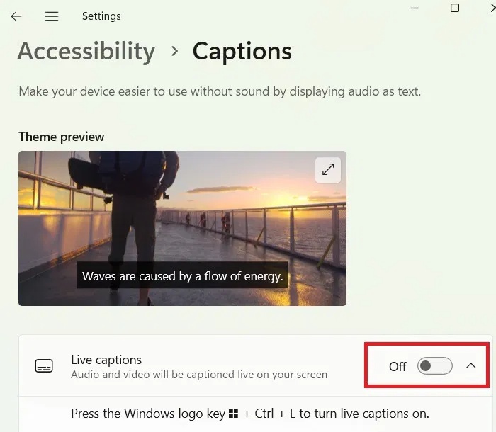 Trợ năng Live Captions được bật trong Windows 11 Settings.