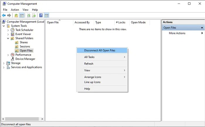 Nhấp vào tùy chọn Disconnect all open files trong Computer Management.
