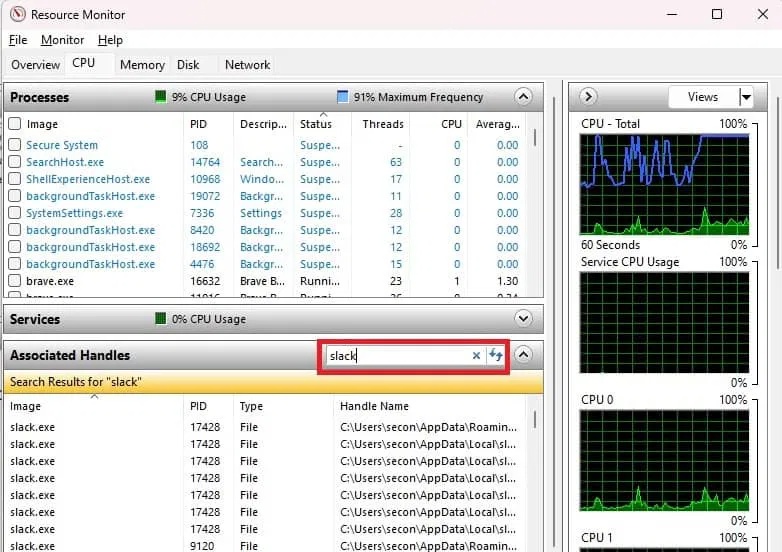 Tìm kiếm file hoặc thư mục trong ứng dụng Resource Monitor.