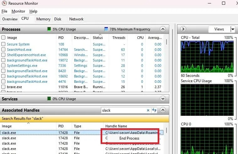 Kết thúc tiến trình trong Resource Monitor.