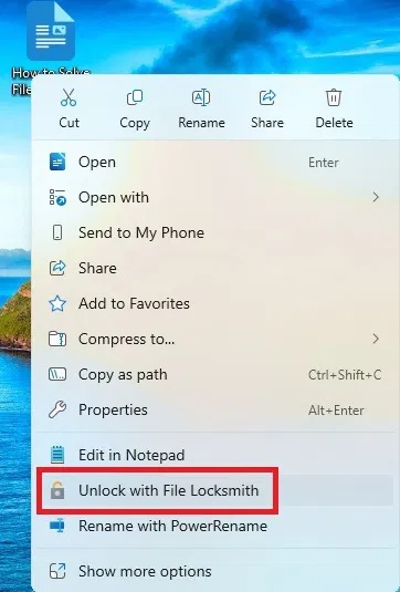 Kết thúc lỗi file đang mở trong chương trình khác bằng Unlock with File Locksmith.