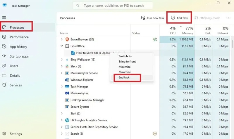 Giải quyết lỗi File is open in another program bằng cách kết thúc tác vụ.