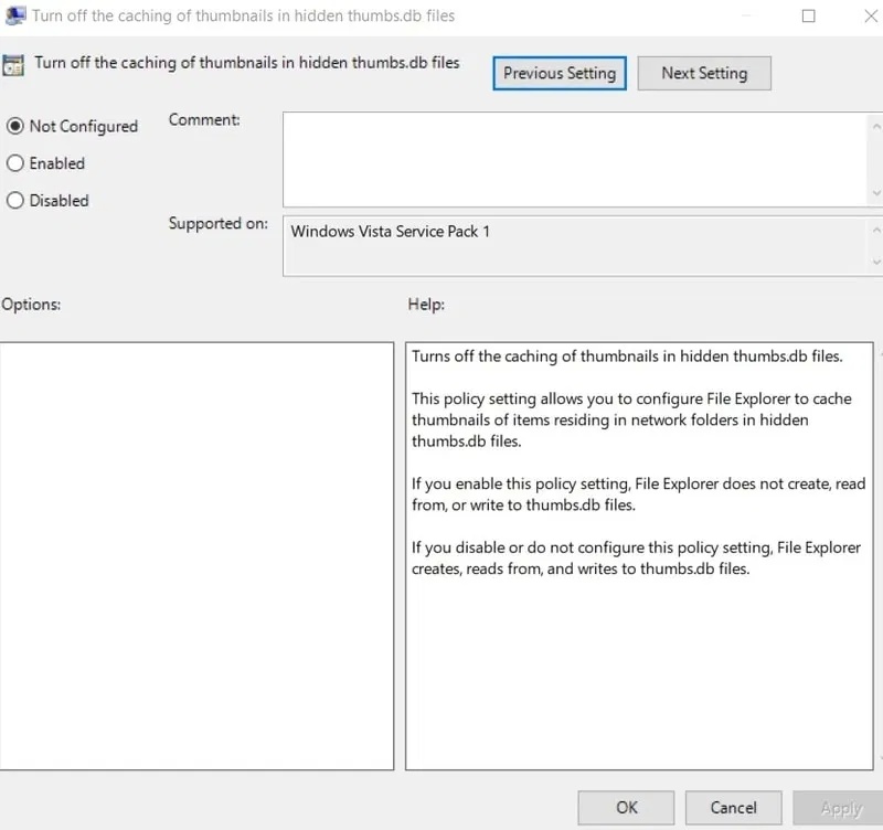 Nhấp đúp vào tùy chọn Turn off the caching of thumbnails in hidden thumbs.db files trong Local Group Policy.
