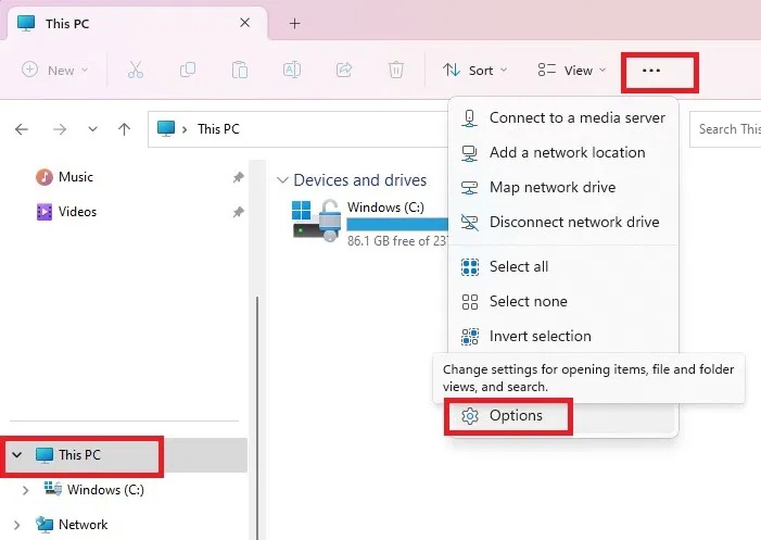 Nhấp vào Options trong File Explorer.