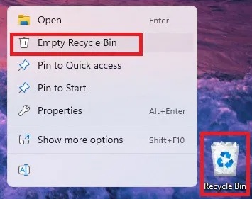 Nhấp vào tùy chọn Empty Recycle Bin trong Windows.