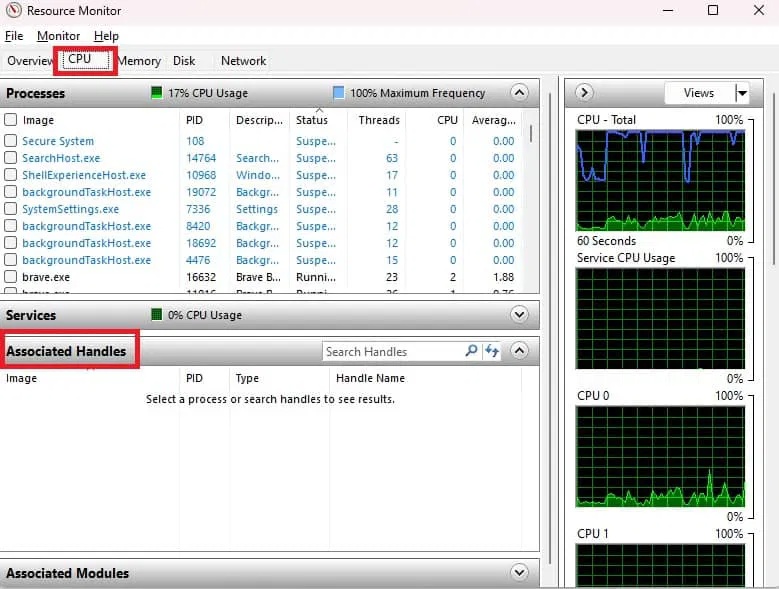 Mở rộng tùy chọn Associated Handles trong Resource Monitor thuộc tab CPU