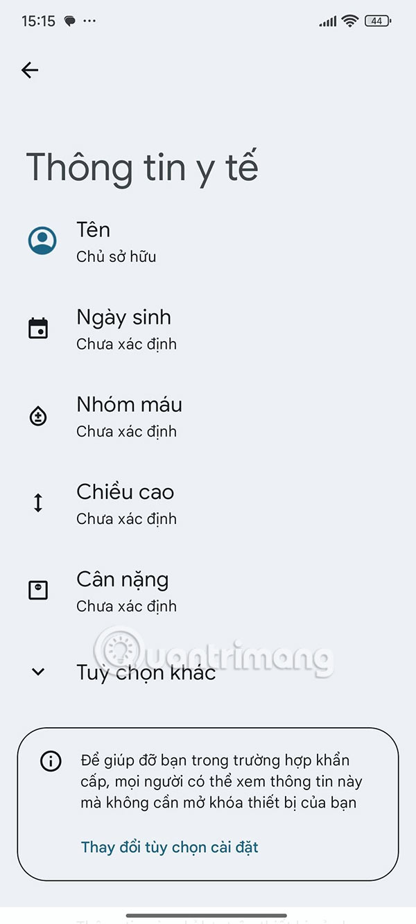 Giao diện thông tin y tế cá nhân