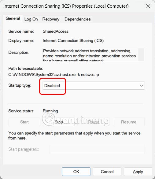 Dừng Internet Connection Sharing (ICS)