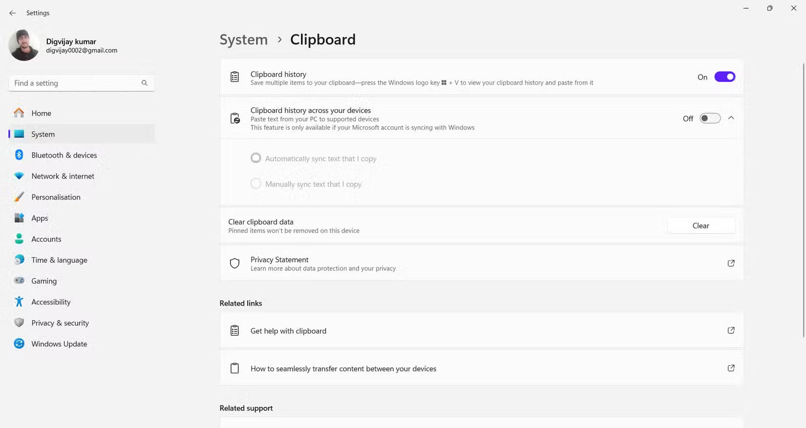 Bật Clipboard history trong menu Settings