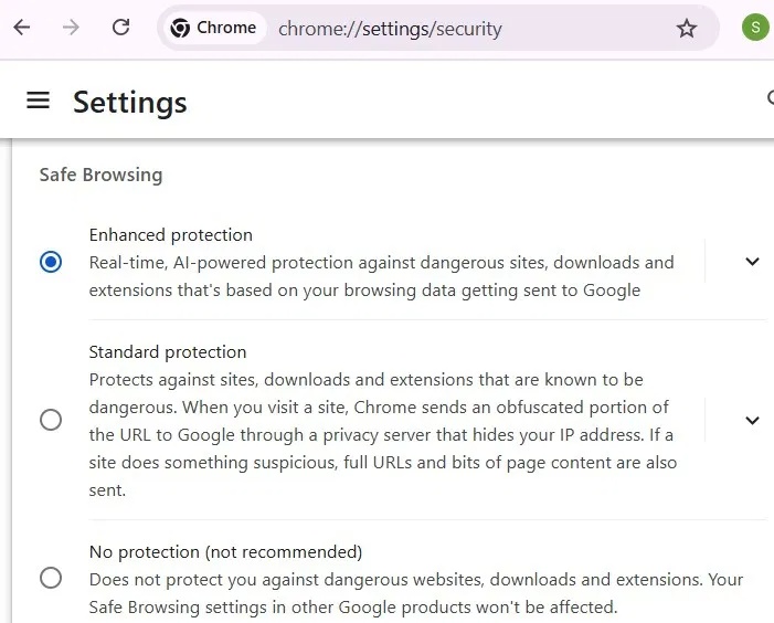 Bật chế độ Enhanced Protection của Chrome để bảo vệ tốt nhất khỏi các trang web nguy hiểm.