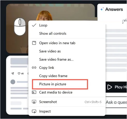 Click chuột phải mở PiP trên Edge
