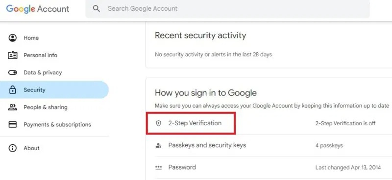 Chọn xác minh 2 bước trong tài khoản Google