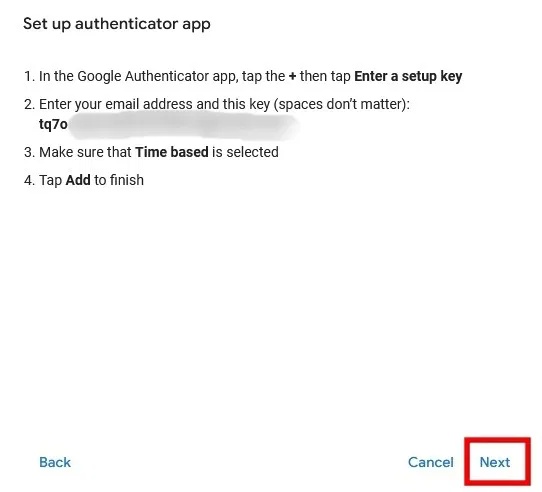 Chuyển đến bước tiếp theo khi thiết lập xác minh 2 bước trong tài khoản Google