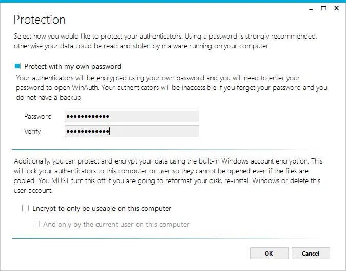 Thiết lập mật khẩu để sử dụng với WinAuth để sử dụng Google Authenticator trên PC chạy Windows.