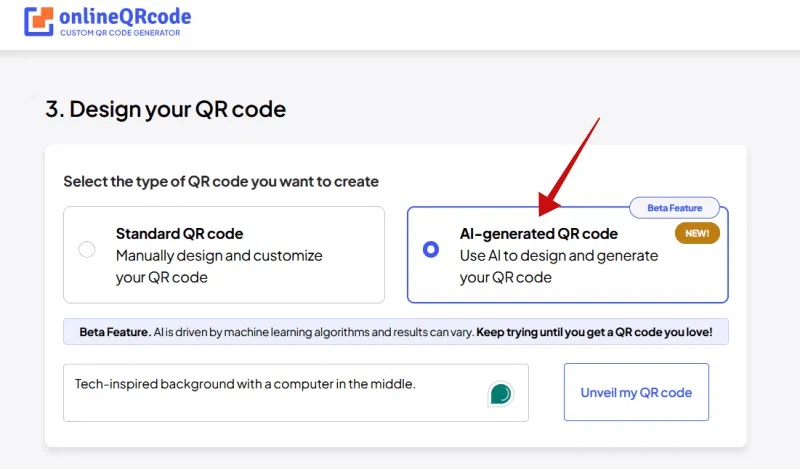 Nhấn vào tùy chọn AI-generated QR code và thêm lời nhắc trong OnlineQRcode.