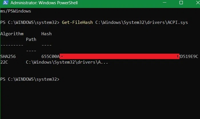 Kiểm tra hash file của ACPI trong PowerShell ở chế độ admin.