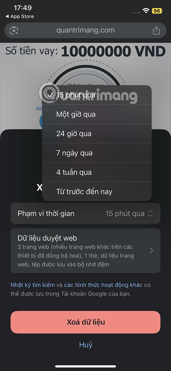 Thời gian xóa dữ liệu